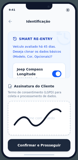 Tela do app: etapa 2 do fluxo de avaliação — documentação e dados do cliente.