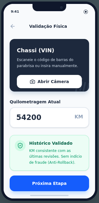 Tela do app: etapa 3 — inspeção visual ou checklist do veículo.