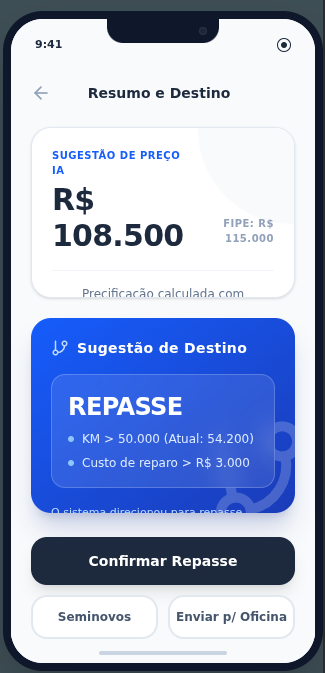 Tela do app: etapa 5 — destino do seminovo e conclusão do fluxo.